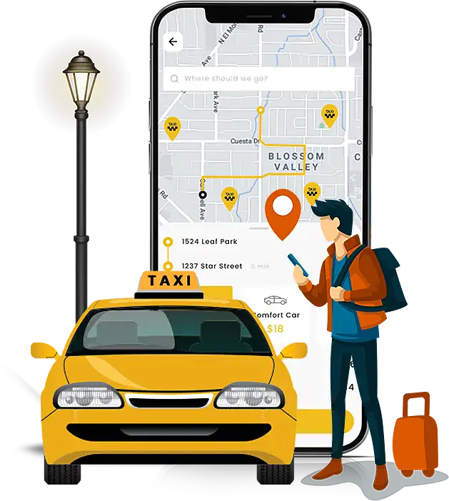 Mobile app screens showing the online taxi booking service interface