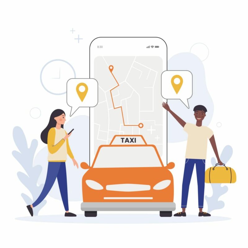 Mobile app screens showing the online taxi booking service interface
